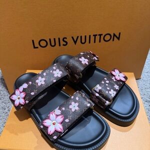 Louis Vuitton Brown Monogram Slide Sandals with Pink Floral Accents